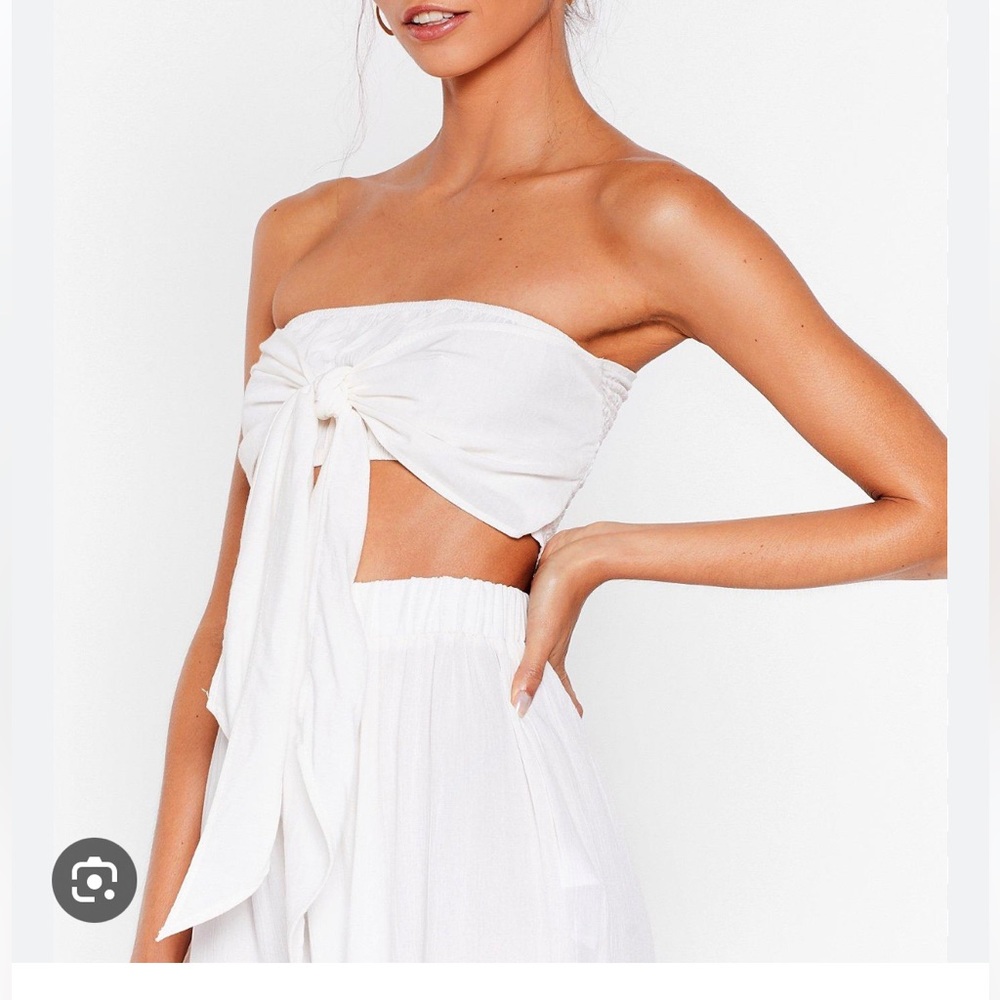 NASTY GAL White Crinkle Bandeau Tie Front Cover Up Top | 4